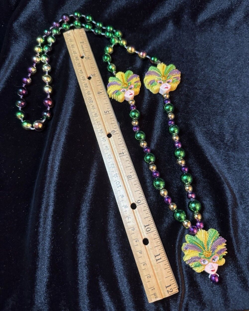 Mardi Gras Bead Necklace Mask Lady’s Face Purple Green Gold Feathers Headpiece